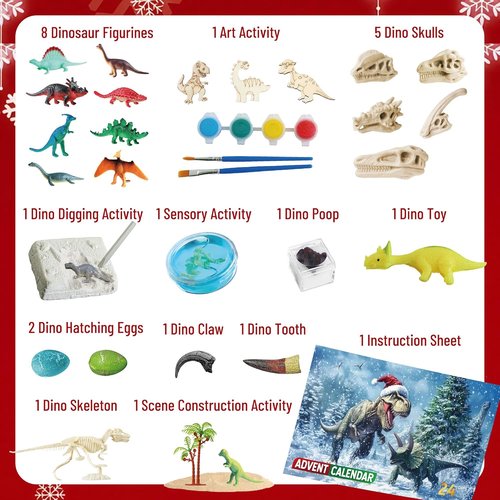 Dinosaur World Advent Calendar - 24 Days of Prehistoric Surprises with Dino Figurines & Fossil Dig | Perfect Xmas Gift for Kids