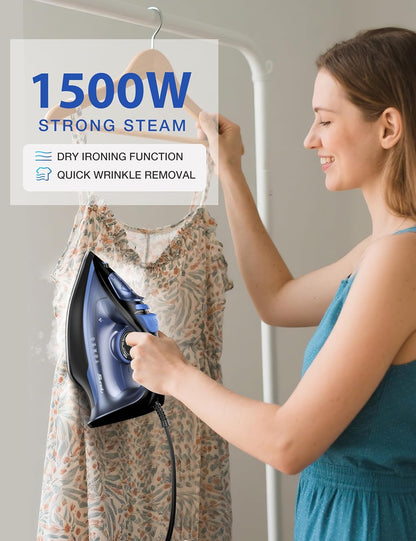 Sundu Steam Iron - 1500W Rapid Heating with Ceramic Soleplate & Auto-Off | 15.21oz Water Tank, Blue