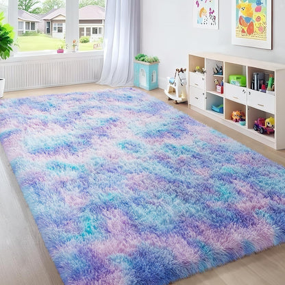 Ophanie Rainbow Purple Mermaid Rug - Fluffy Shag Soft Carpet for Kids' Room | 6x9 Size, Aesthetic Home Decor