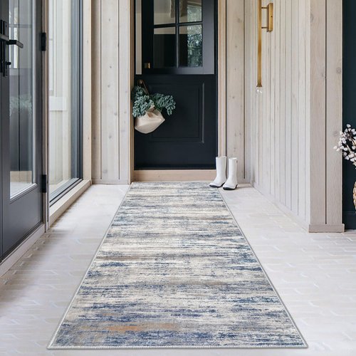 KOZYFLY Modern Abstract Hallway Runner Rug, 2.6x8 Washable Rug Runner Non-Slip Soft Striped Kitchen Runner Rugs, Print Distressed Grey Blue Carpet Runner for Entryway Bathroom Laundry Room Foyer