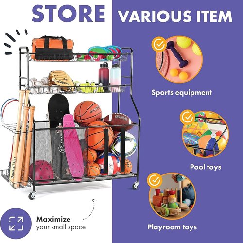 HOME IT Garage Sports Equipment Organizer - Heavy-Duty Ball Storage Rack with Rolling Wheels & Baskets | Large Capacity