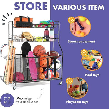 HOME IT Garage Sports Equipment Organizer - Heavy-Duty Ball Storage Rack with Rolling Wheels & Baskets | Large Capacity