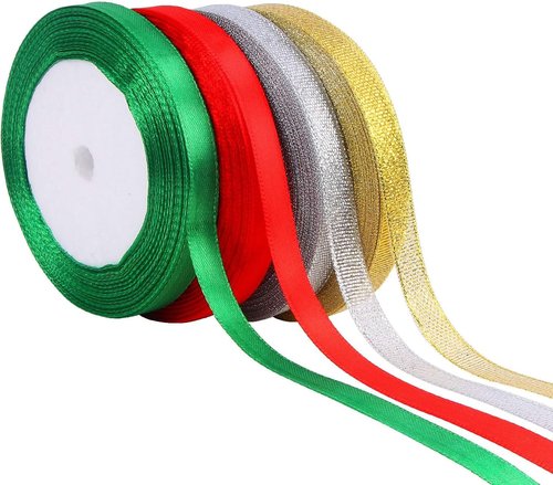 DECYOOL Christmas Ribbons - 4 Rolls of 100 Yards Metallic Glitter Satin | 10mm Wide for Gift Wrapping & Decoration