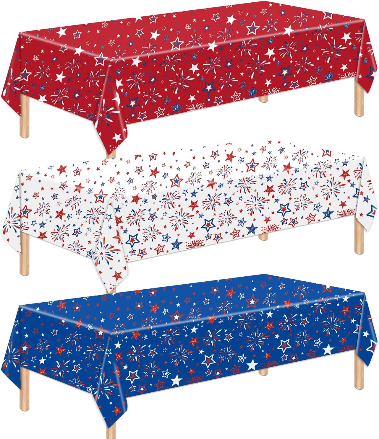Patriotic Tablecloth Set by [Brand Name] - 3 Pcs Red, White & Blue Disposable Table Covers | 54 x 108 Inch for 4th of July & Memorial Day Celebrations
