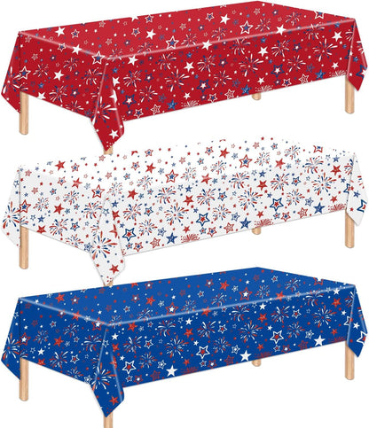 Patriotic Tablecloth Set by [Brand Name] - 3 Pcs Red, White & Blue Disposable Table Covers | 54 x 108 Inch for 4th of July & Memorial Day Celebrations