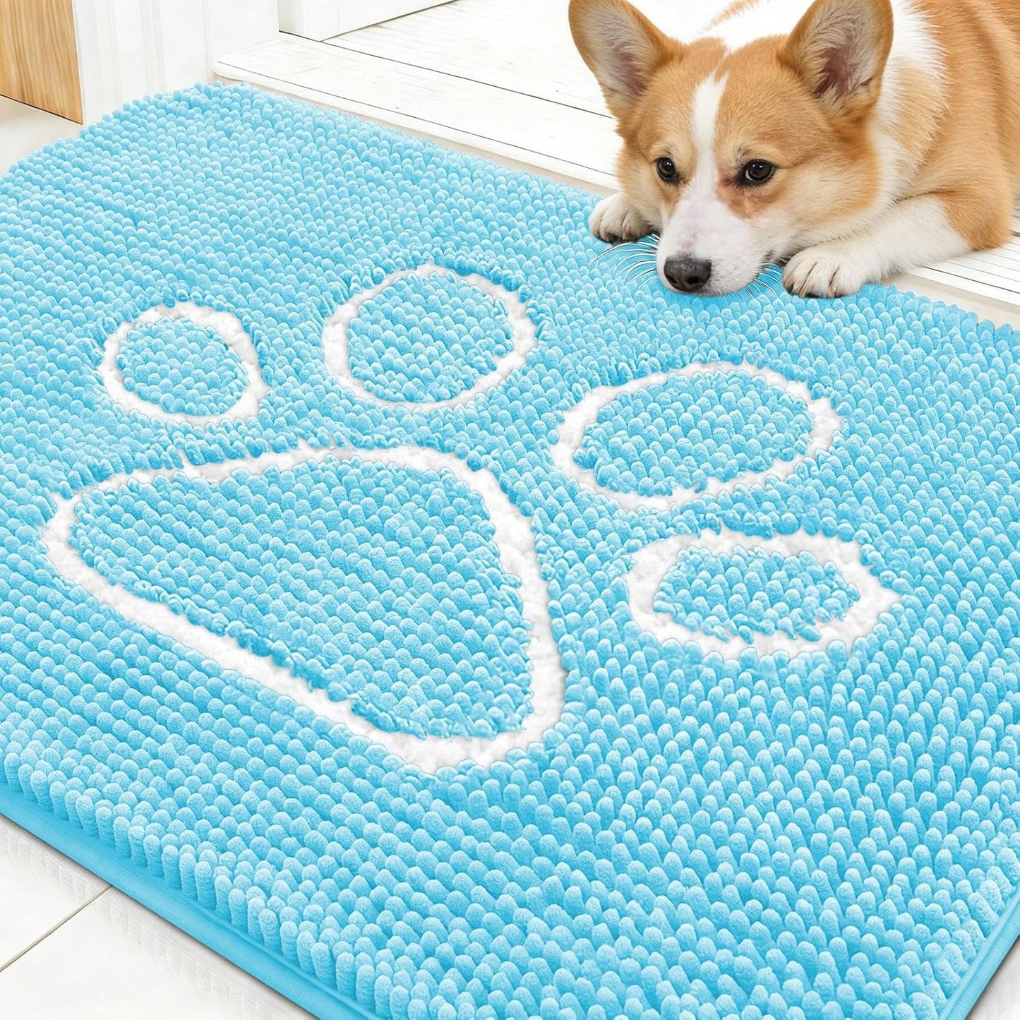 OLANLY Dog Door Mat - Absorbent Non-Slip Mud Mat for Paws | 30x20 Blue Chenille Design