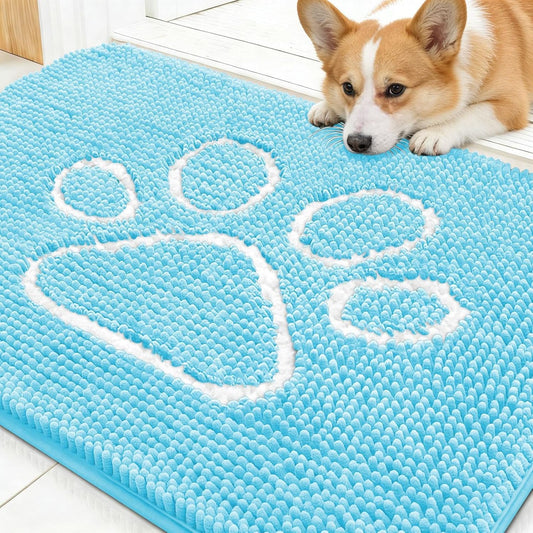 OLANLY Dog Door Mat - Absorbent Non-Slip Mud Mat for Paws | 30x20 Blue Chenille Design