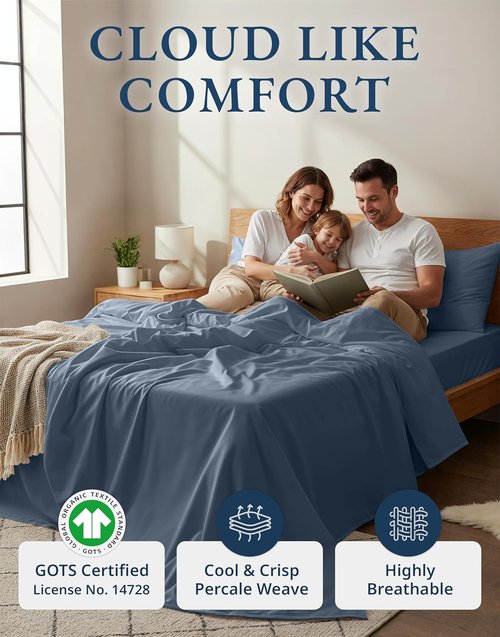 LANE LINEN 100% Organic Cotton King Size Sheets - Soft Percale, Breathable Luxury, Machine Washable - Estate Blue