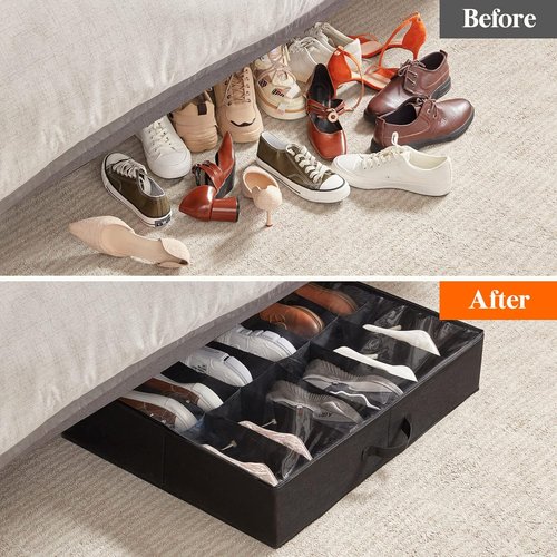 Lifewit Under Bed Shoe Storage | Set of 2 Foldable Fabric Containers for 24 Pairs - Black