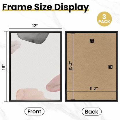 Fun Memories 12x16 Poster Frame for Photo, Posters & Art Prints, Horizontal or Vertical Wall Mounting Scratch-Proof Wall Gallery Photo Frame (Black, 3 Pack)