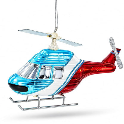 Blue Red Helicopter Glass Christmas Ornament