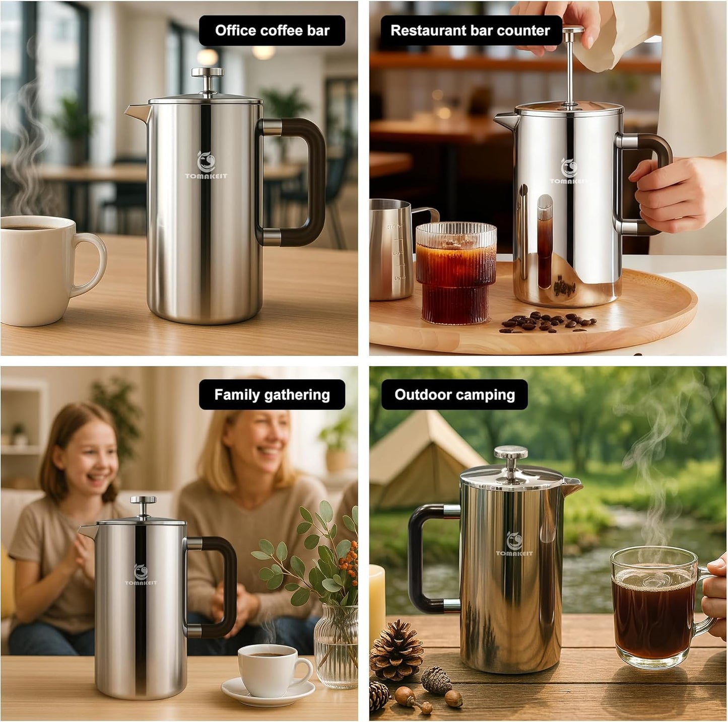 Skiennix French Press Coffee Maker - Durable 304 Stainless Steel, Easy Clean & Leak-Proof | 1L/34 Oz (Silver Upgrade)