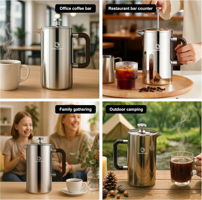 Skiennix French Press Coffee Maker - Durable 304 Stainless Steel, Easy Clean & Leak-Proof | 1L/34 Oz (Silver Upgrade)