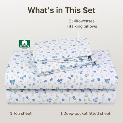 California Design Den King Size Cotton Sheet Set - 100% Soft, 400 TC, Award-Winning Sateen Finish | Floral White/Blue