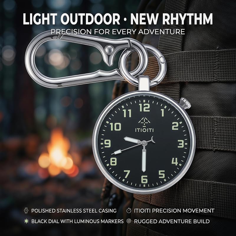 Clip On Pocket Watch with Luminous Dial, Carabiner Clip - Silver Case, Black Dial (1.54 in) - ITIOITI