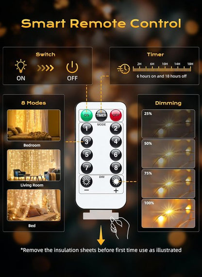 Brightown 300 LED Fairy Curtain Lights - 9.8ft Warm White String Lights with Remote | 8 Lighting Modes for Indoor Decor