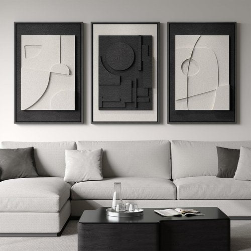 Framed 3D Textured Black and White Abstract Wall Art by [Brand Name] - Modern 3-Piece Set for Living Room | Minimalist Geometric Paintings 24x36 In