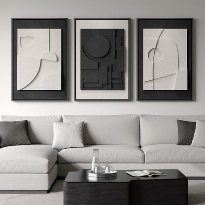 Framed 3D Textured Black and White Abstract Wall Art by [Brand Name] - Modern 3-Piece Set for Living Room | Minimalist Geometric Paintings 24x36 In