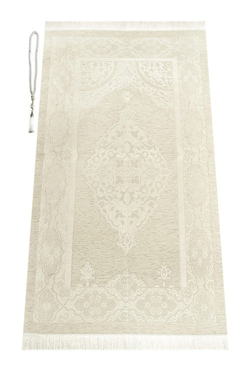 ihvan online Prayer Gift Box for Hajj and Umrah, Muslim Prayer Rug, Islamic Mat, 99 Pearly Prayer Beads Tesbih, Holy Quran, Islamic Deluxe Set for Ramadan & Eid Gift, White/Set 2