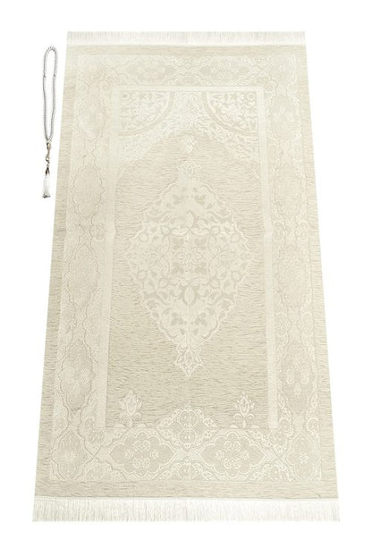 ihvan online Prayer Gift Box for Hajj and Umrah, Muslim Prayer Rug, Islamic Mat, 99 Pearly Prayer Beads Tesbih, Holy Quran, Islamic Deluxe Set for Ramadan & Eid Gift, White/Set 2