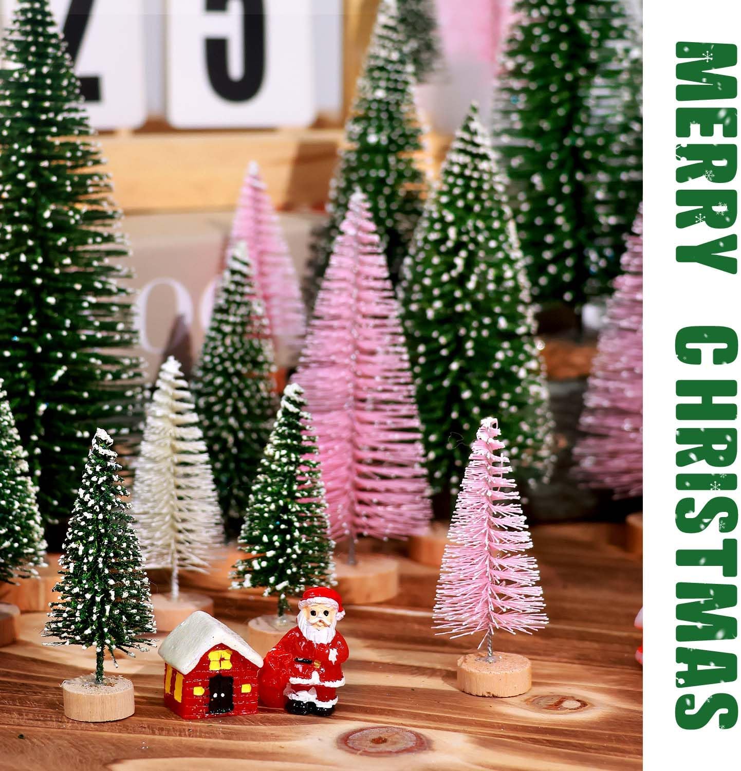Skiennix 30Pcs Mini Christmas Trees - Artificial Bottle Brush Trees with Wooden Base | Festive Home Decor