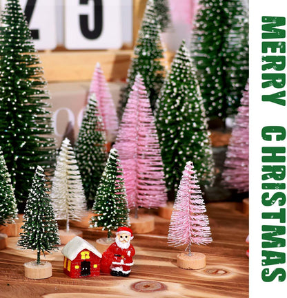 Skiennix 30Pcs Mini Christmas Trees - Artificial Bottle Brush Trees with Wooden Base | Festive Home Decor