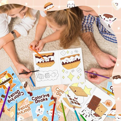 Marshmallow Mini Coloring Books - 24Pcs Camping-Themed Art Set for Kids' Birthday Party Favors
