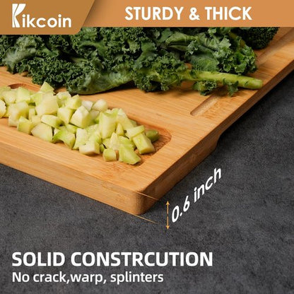 Kikcoin Bamboo Cutting Boards Set - Heavy Duty Kitchen Chopping Boards with Juice Groove & Compartments (3-Piece)