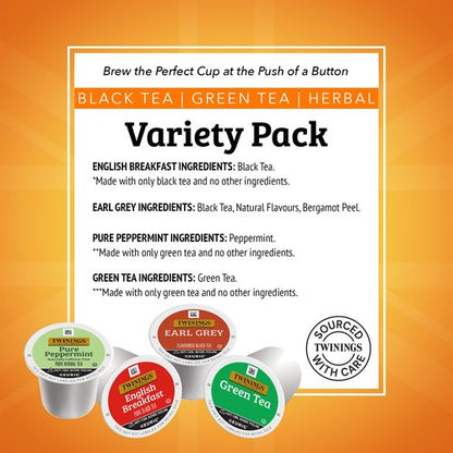 Twinings 96 K-Cup Pods Variety Pack 24 Count (Pack of 4), English Breakfast, Earl Grey, Green, and Pure Peppermint Tea for Keurig and Single Cup Brewers, Enjoy Hot or Iced