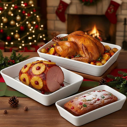 ONEMORE Baking Dishes Set - Large 9x13 Rectangular Ceramic Casserole Dishes with Roasting Racks | 3QT, 2.1QT, 1.3QT