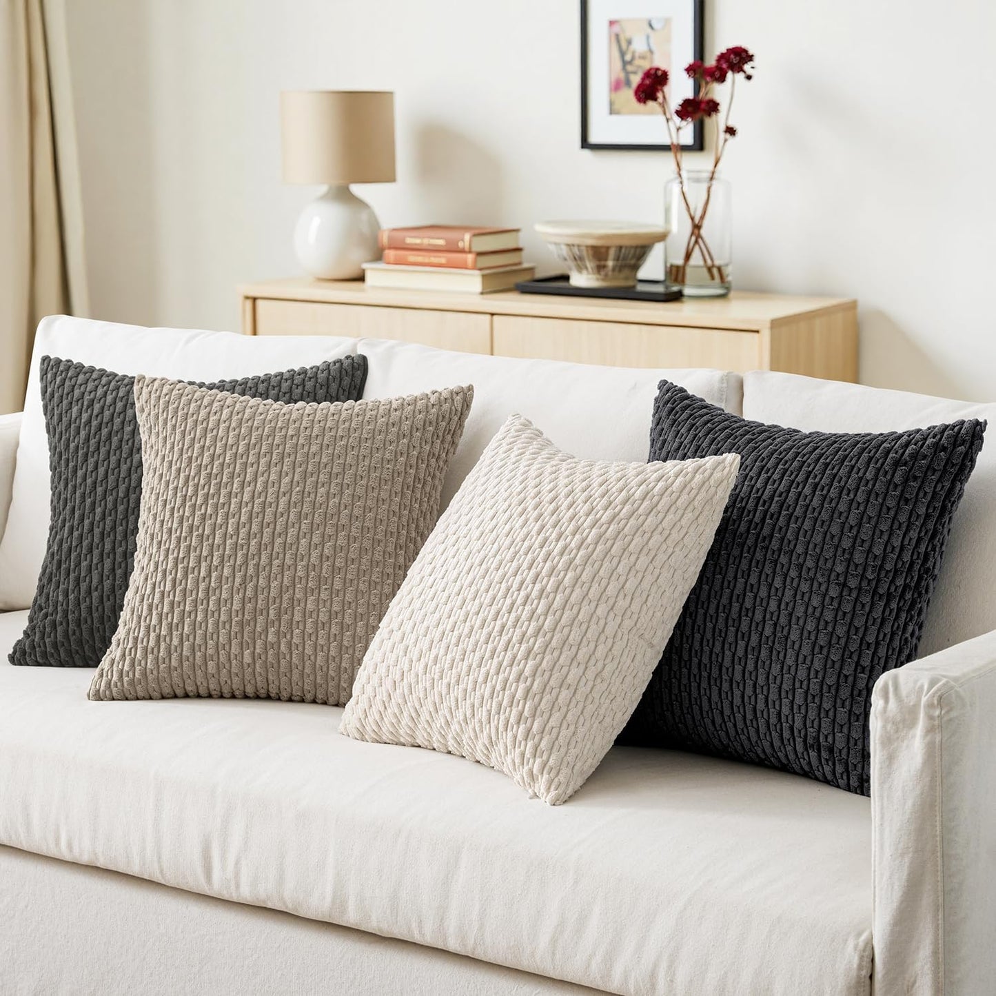 MIULEE Decorative Throw Pillow Covers - Soft Corduroy Striped Cushion Covers | Set of 4, 18x18 Inch, Neutral Grey