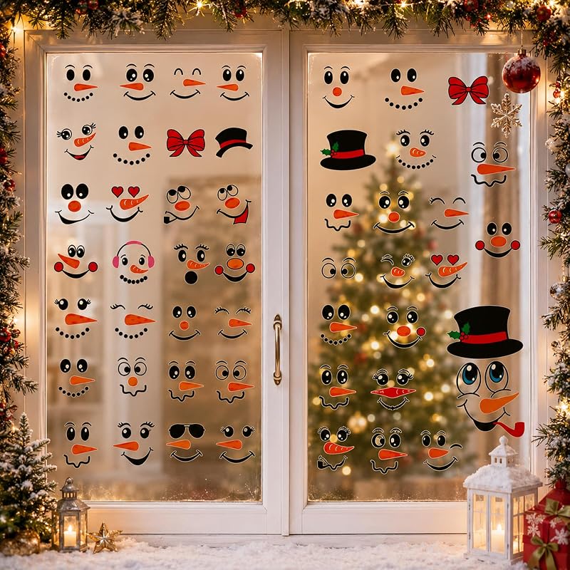 Christmas Snowman Face Sticker Set - 41 Pcs Vinyl Decor for Cups, Windows & Gifts
