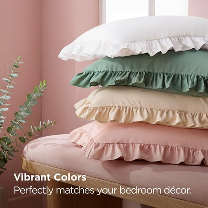 Bedsure Ruffle Pillow Cases 2 Pack, Pillow Shams Standard Size, Double Brushed Microfiber Ruffled Pillow Covers with Envelope Closure, 20" x 26", Beige