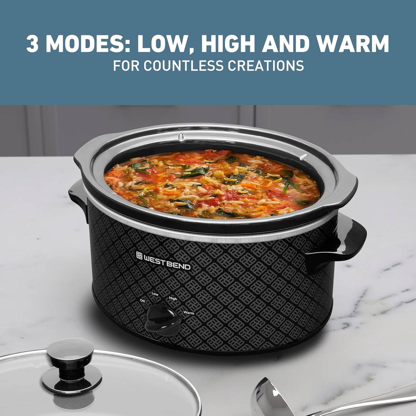 West Bend 4-Quart Slow Cooker - Manual Crockpot with Dishwasher Safe Ceramic Insert & Glass Lid | Black