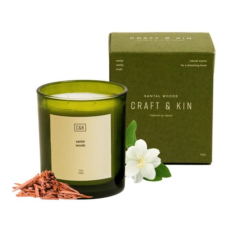 Craft & Kin 12oz Santal Woods Candle for Home | Premium Green Spring Scented Candles for Men | Made with Natural Soy | Gifts for Men and Women | Nature Collection