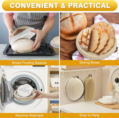 Nikkar Banneton Bread Proofing Basket Set - Round & Oval Cotton Rope Bowls, 9-11 Inches for Sourdough Baking