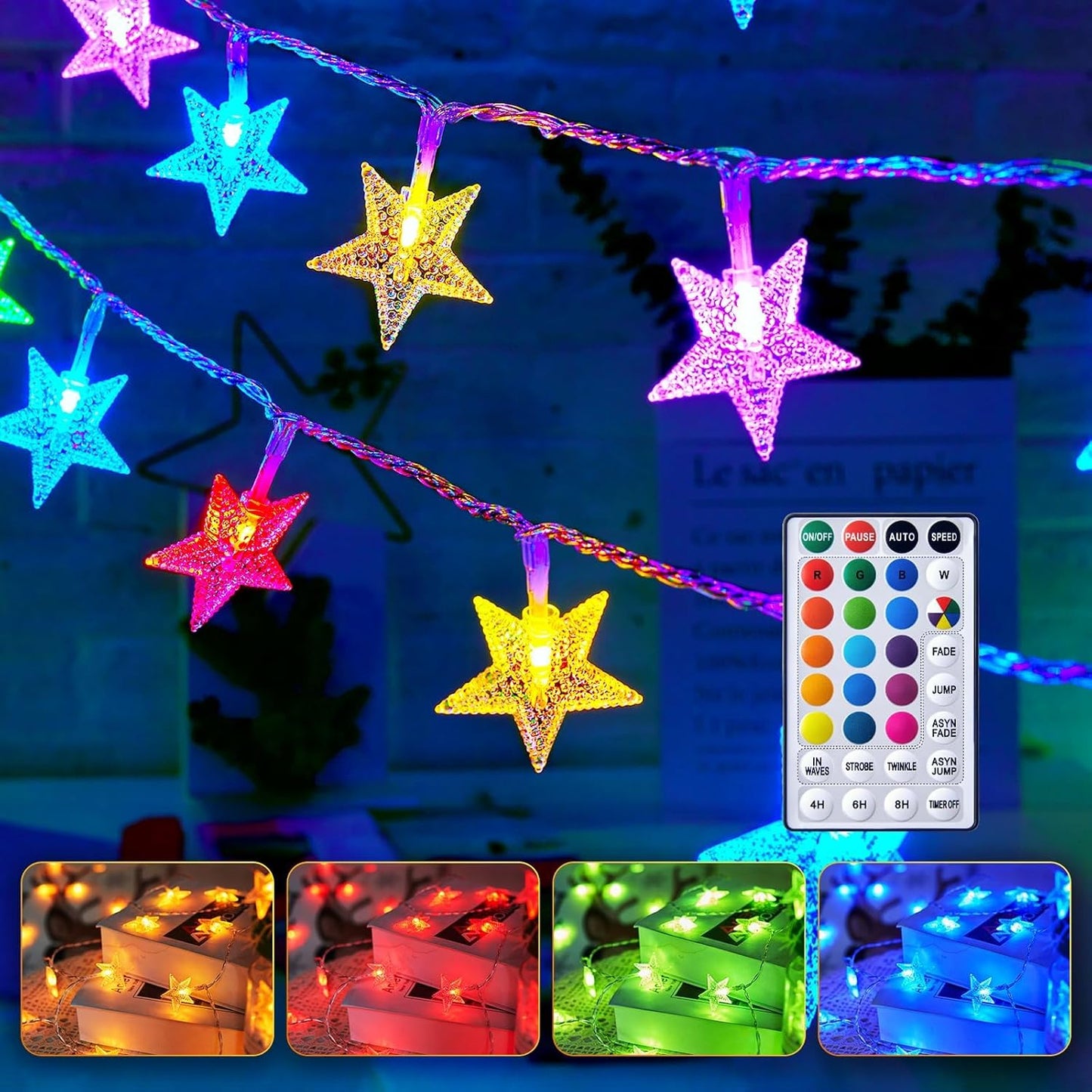 Minetom Star String Lights - 50 LED Color Changing Fairy Lights with Remote & Timer | 17 ft for Bedroom & Patio