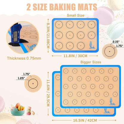Folksy Super Kitchen Silicone Macaron Baking Mat Set - Non-Stick Oven Liner for Cookies | 3 Pieces (2 Half Sheets & 1 Quarter Sheet) - Blue (16.5x11.6)