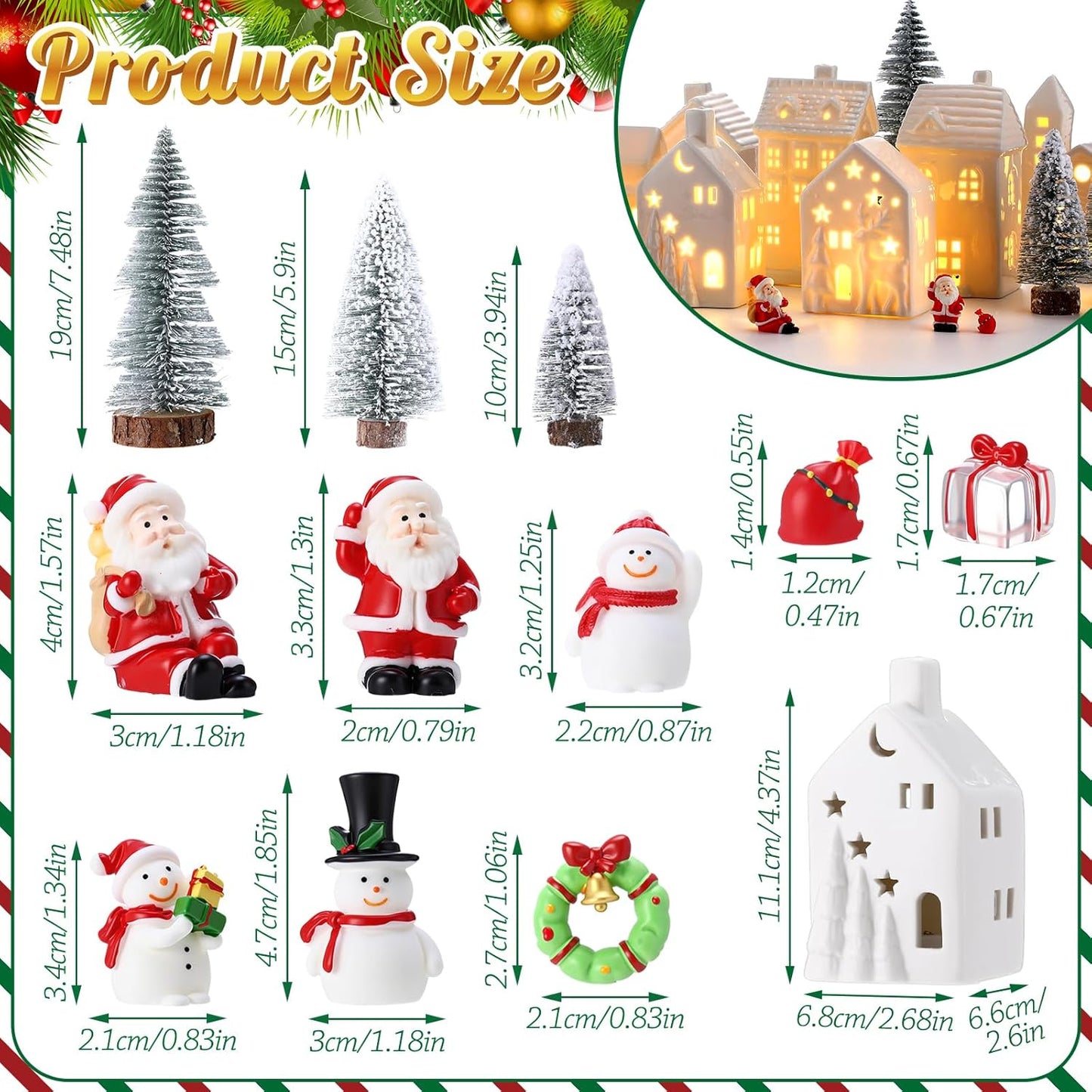 Vinsot 34 Pcs LED Christmas Village Set - Light Up Houses, Snowman & Santa Figurines, Trees & Lamp Post Decor