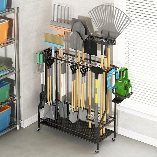 GILLAS Garden Tool Organizer - Sturdy Metal Storage Rack with Hooks for Long-Handled Tools | Black