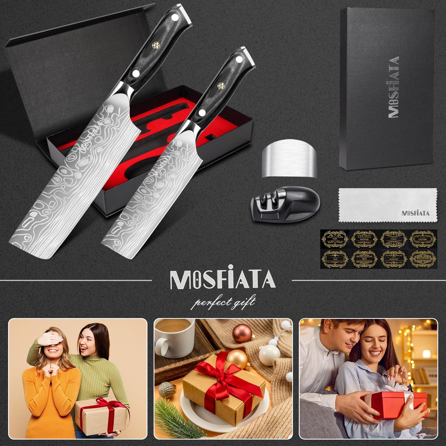 MOSFiATA Nakiri Kitchen Knife, 7”&5.5" Chef Knife Set, Ultra Sharp German Stainless Steel Cleaver Cooking Knife with Ergonomic Handle Gift Box