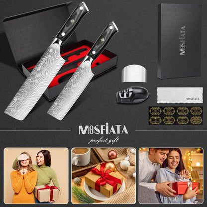 MOSFiATA Nakiri Kitchen Knife, 7”&5.5" Chef Knife Set, Ultra Sharp German Stainless Steel Cleaver Cooking Knife with Ergonomic Handle Gift Box