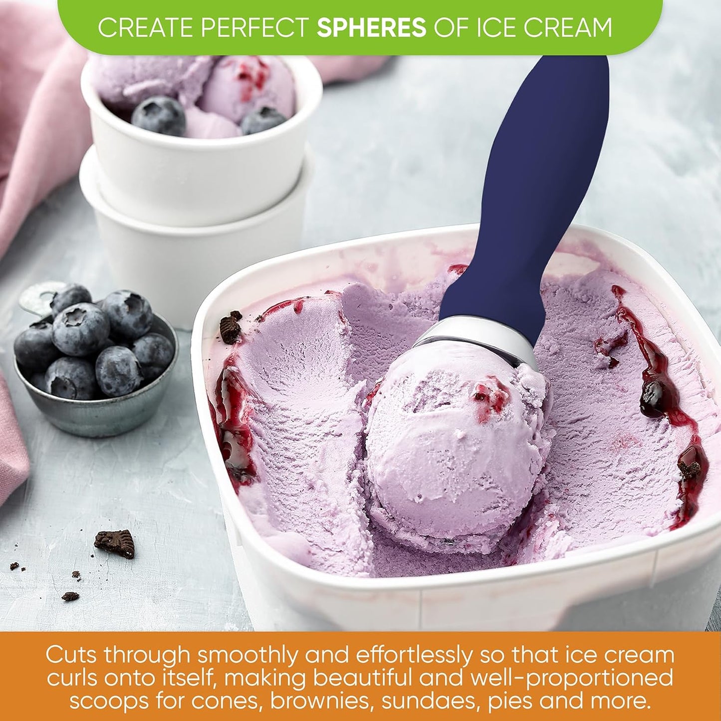 Spring Chef Ice Cream Scoop - Professional Heavy Duty Scooper with Soft Grip Handle | Sapphire Color
