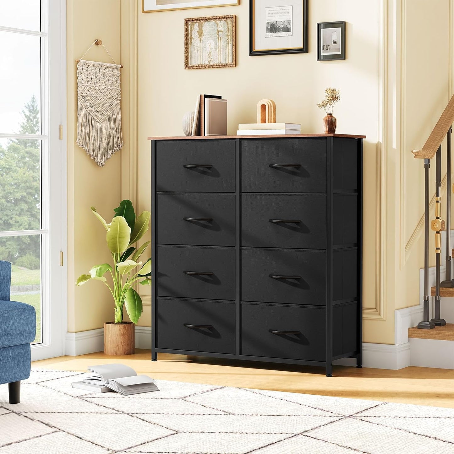 DWVO Fabric Dresser - 8 Drawer Tall Chest with Sturdy Steel Frame & Wooden Top | Ideal for Bedroom & Living Room