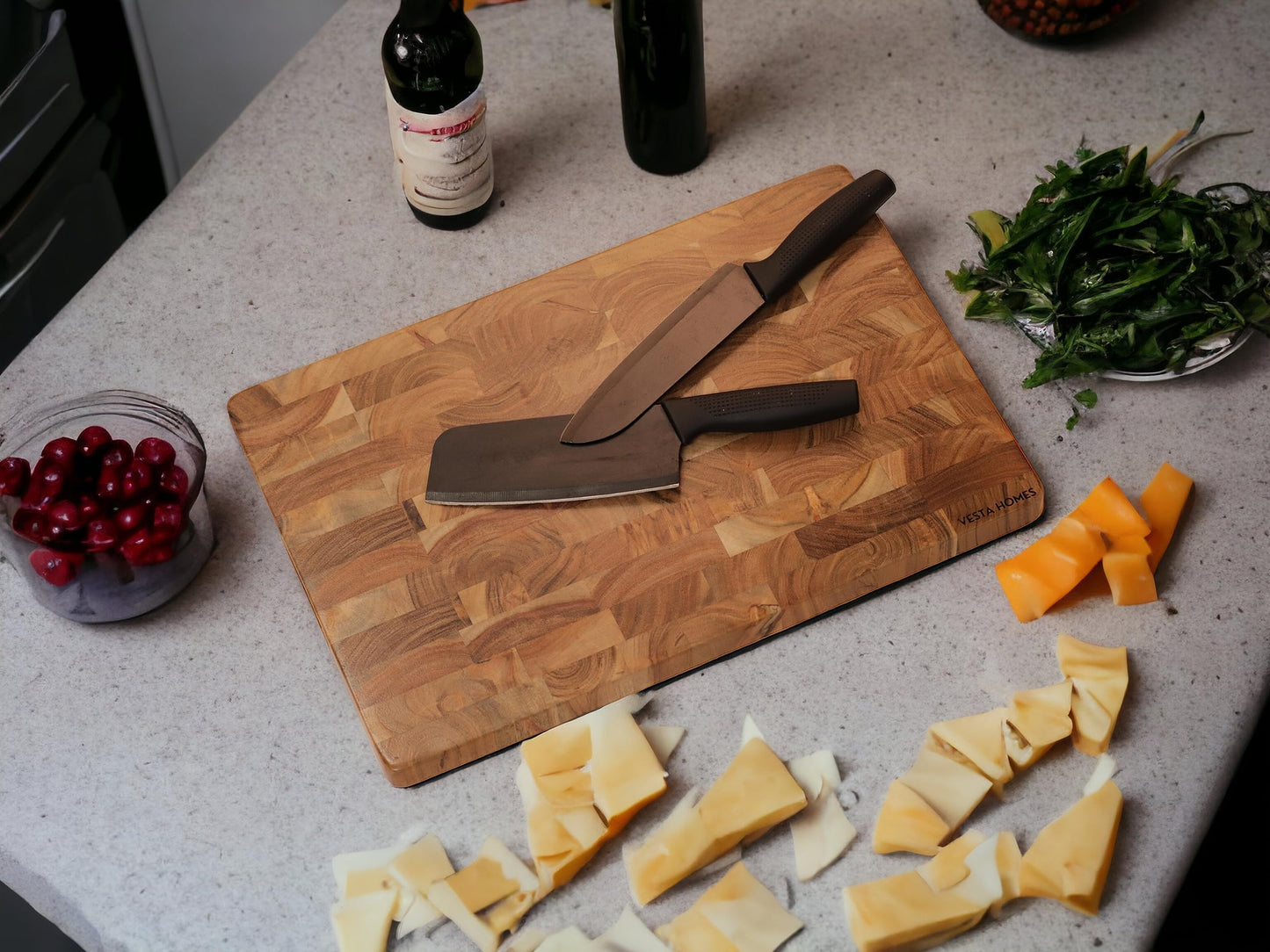 Vesta Homes Large Wooden End Grain Cutting Board | 18 * 12 Inches | Chopping, Serving Board/Block for Kitchen Vegetables, Fruits, Cheese and Charcuterie | Natural Acacia Wood | Handcrafted