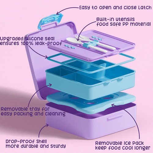 Fimibuke Chill Bento Box - Leak Proof Toddler Lunch Box with Ice Pack | BPA Free, 4 Compartments, Microwave & Dishwasher Safe