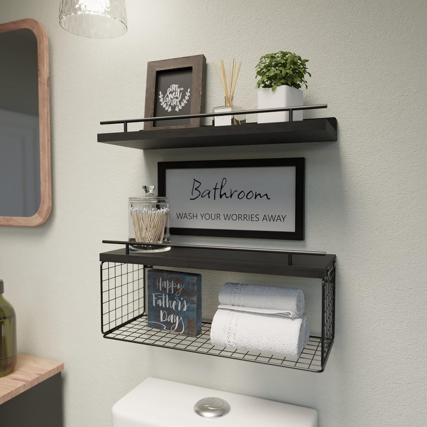 WOPITUES Floating Wall Shelves - Stylish Bathroom Organizers with Metal Guardrail | Black Finish