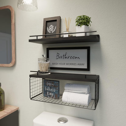WOPITUES Floating Wall Shelves - Stylish Bathroom Organizers with Metal Guardrail | Black Finish