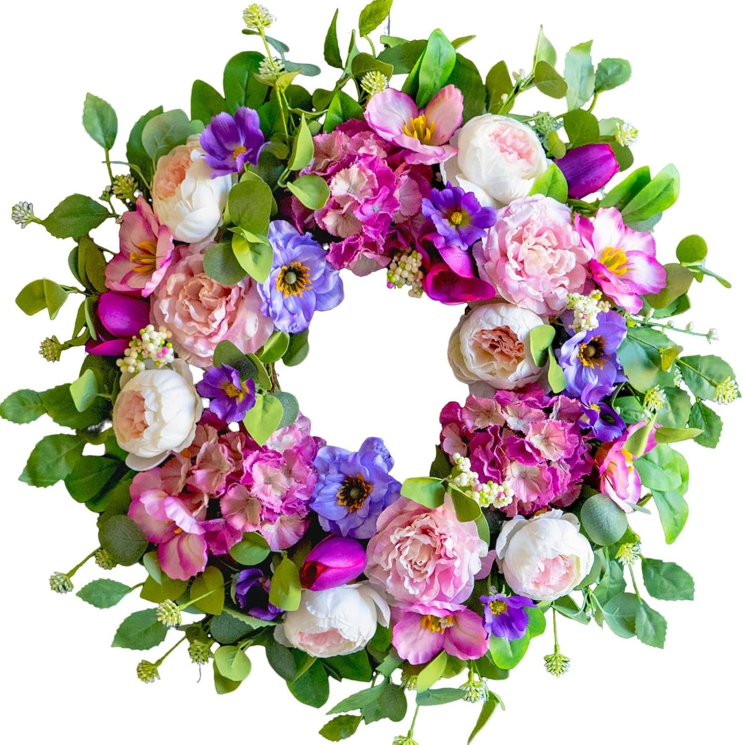 Regine Switzerland 24-Inch Spring Wreath - Blush Pink Roses & Purple Blooms for Home Decor | Indoor/Outdoor Use