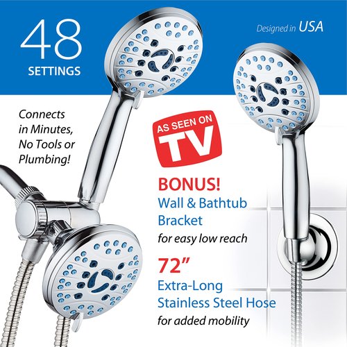 Hotel Spa AquaCare As-Seen-On-TV High Pressure 48-setting Rain & Handheld 3-way Shower Head Combo - Anti-clog Nozzles/Tub, Tile & Pet Power Wash/Extra Long 6 ft. Hose/All Chrome Finish
